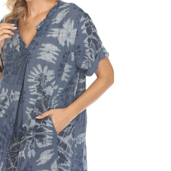 Navy Painted Print Button Up Sleeves Pockets Dress - Picture 5 of 5